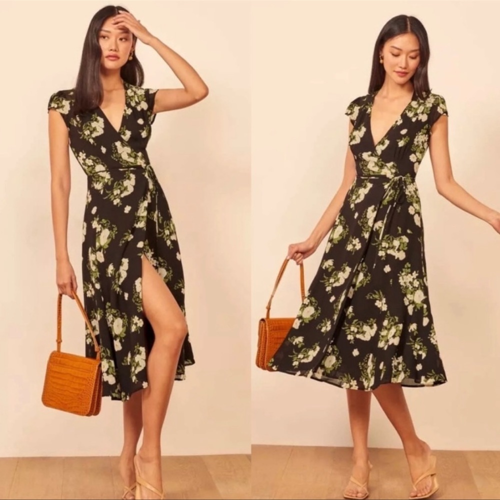 Reformation Carina Celeste Black Floral Midi Wrap Dress Size XL